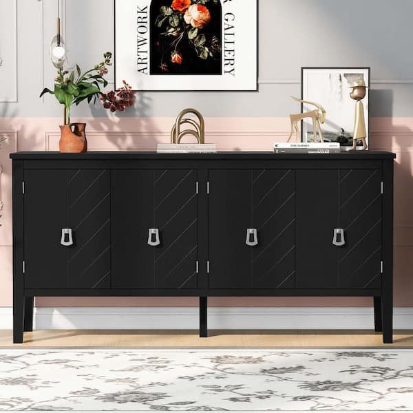 Polibi Black Wood 63 in. Sideboards with 4-Door, Geometric