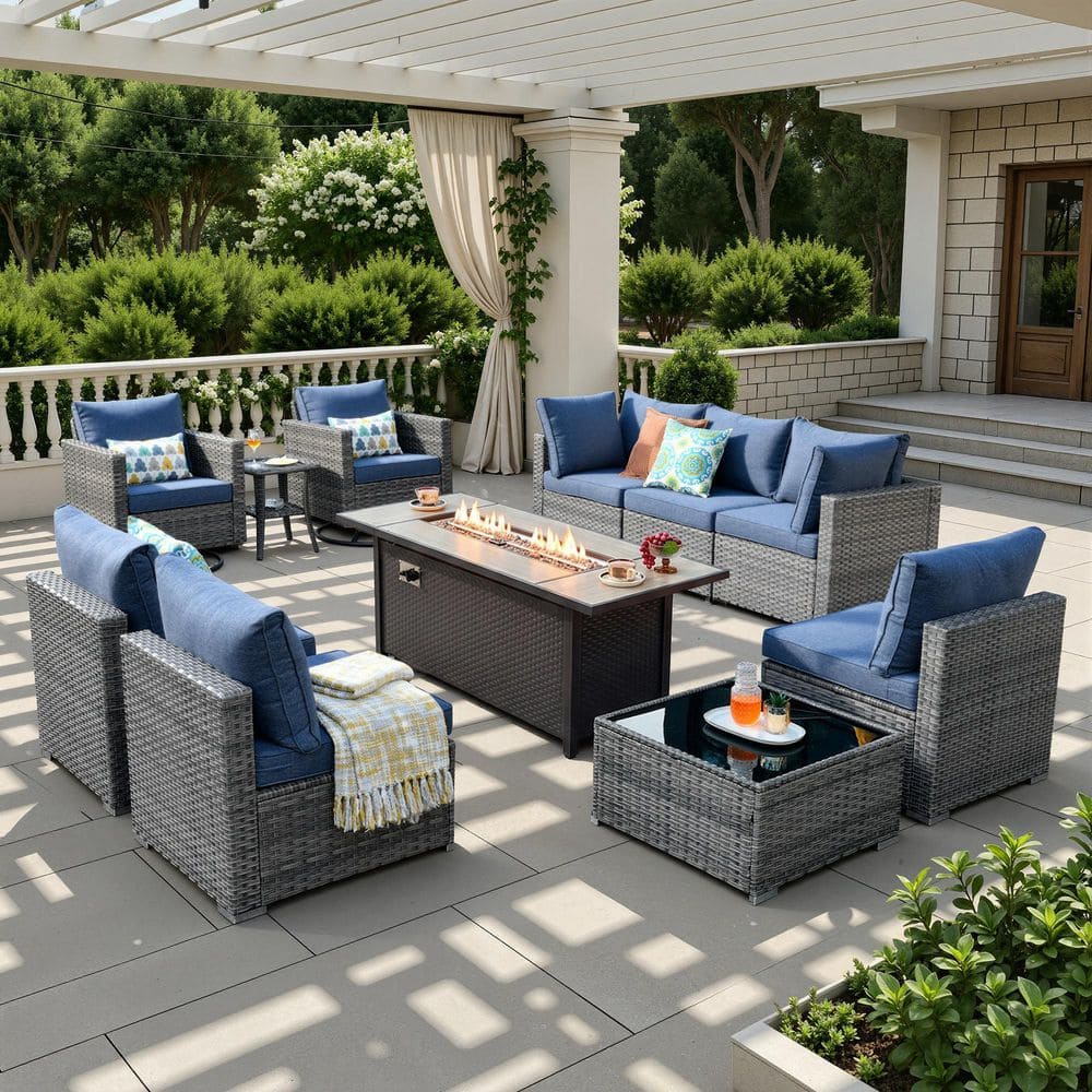 Hoppie Gray 11-Piece Wicker Patio 54 in. Fire Pit Conversation Set with Denim Blue Cushions and Swivel Rocking Chairs price history on PriceWatchPro