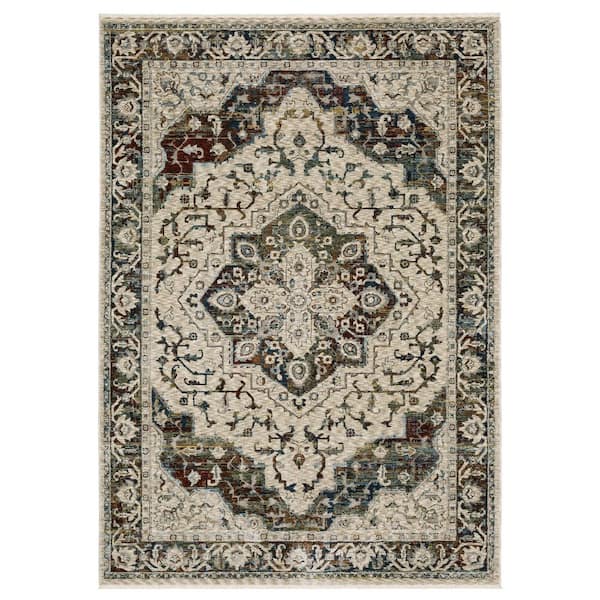 AVERLEY HOME Cage Beige/Multi-Colored 10 ft. x 13 ft. Vintage Oriental Medallion Polyester Fringe-Edge Indoor Area Rug