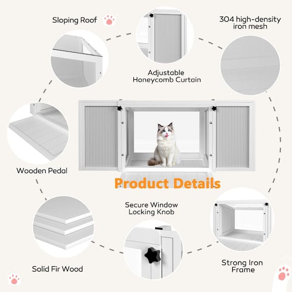 Cat Window Box, Catio Outdoor Cat Little Box Enclosure Window with Adjustable Honeycomb Curtain