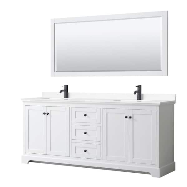 Wyndham Collection Avery 80 in. W x 22 in. D x 35 in. H Double Bath Vanity in White with White Cultured Marble Top and 70 in. Mirror