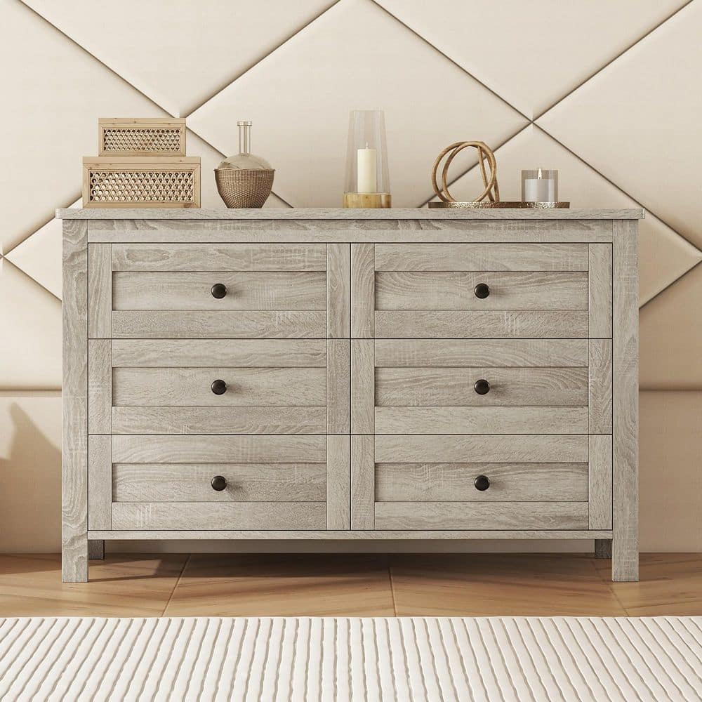 Modern Antique Gray Wood 6-Drawers 52.6 in. Wide Double Dresser Chest of Dr