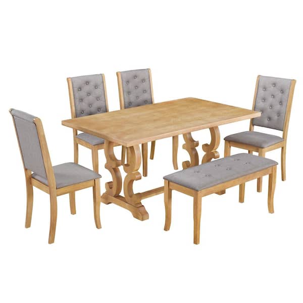 Sudzendf Natural Wood Wash 6-Piece Wood Outdoor Dining Set with Gray Cushion