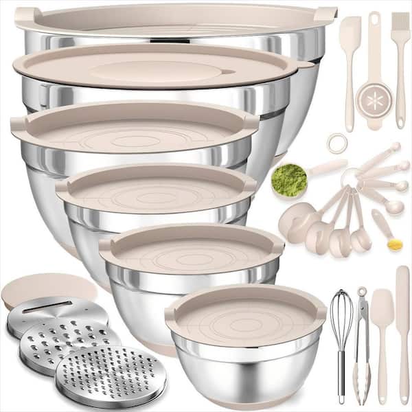 26-Piece Stainless Steel Bowls Set with Airtight Lids and Grater Attachments, Mixing Bowls for Mixing and Serving, Khaki