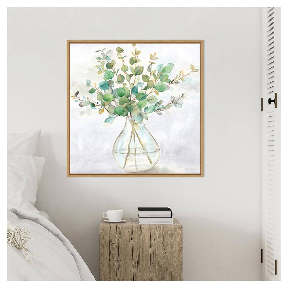 Eucalyptus Vase II Green and Brown Canvas Wall Art with Maple Frame