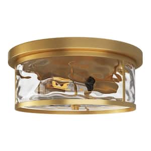 13.38 in. 2-Light Farmhouse Gold Flush Mount Ceiling Light Fixture with Water Ripple Glass Shade