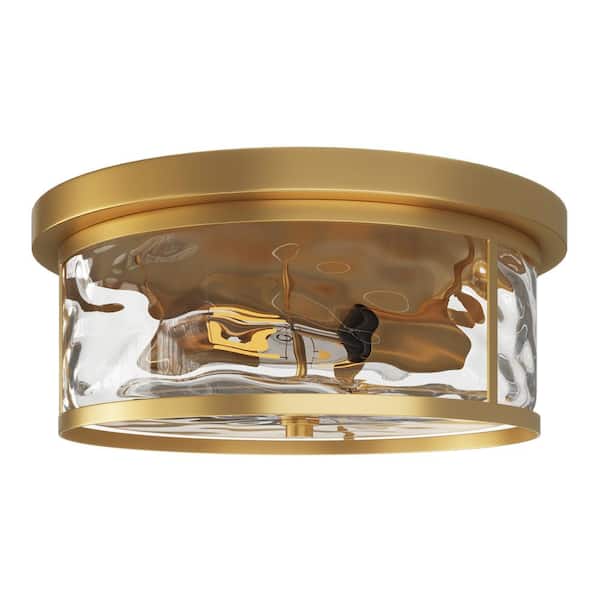 aiwen 13.38 in. 2-Light Farmhouse Gold Flush Mount Ceiling Light Fixture with Water Ripple Glass Shade