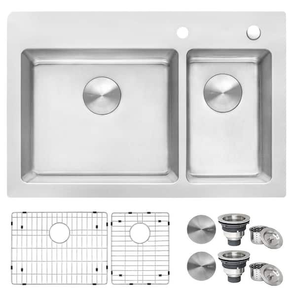 Ruvati Modena 33 in. Drop-in Topmount 70/30 Double Bowl 16-Gauge Stainless Steel Kitchen Sink with Gently Rounded Corners