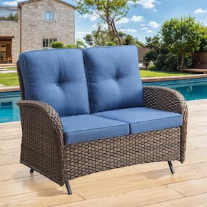 Brown PE Wicker Outdoor Loveseat with Blue Cushions and Glide Function