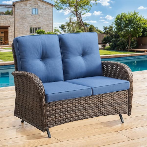 moosprr Brown PE Wicker Outdoor Loveseat with Blue Cushions and Glide Function