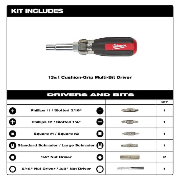13-in-1 Multi-Tip Cushion Grip Screwdriver With Schrader Bit