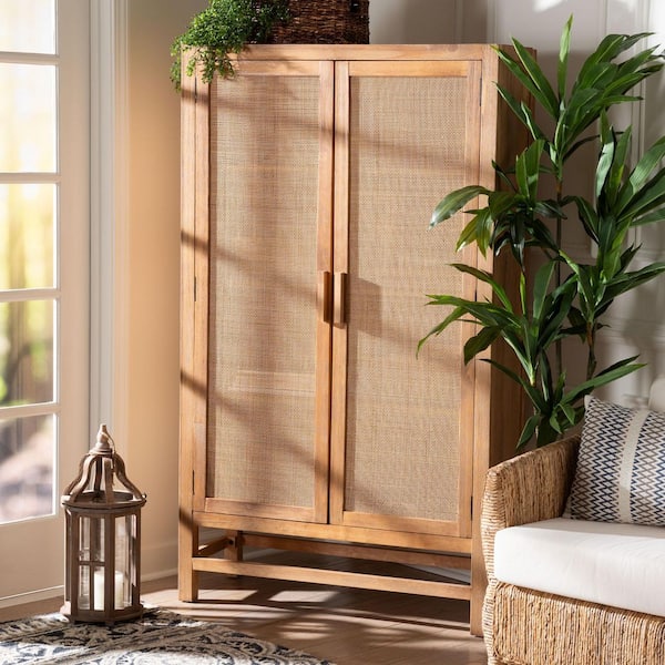 Sibu Natural Brown Wood 64.6 in. H Storage Cabinet with Woven Rattan