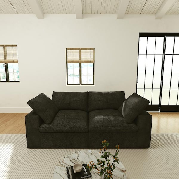 Magic Home 79 in. Square Arm 2-Piece Linen Modular Curved Soriana Loveseat Sectional Sofa Couch in Black