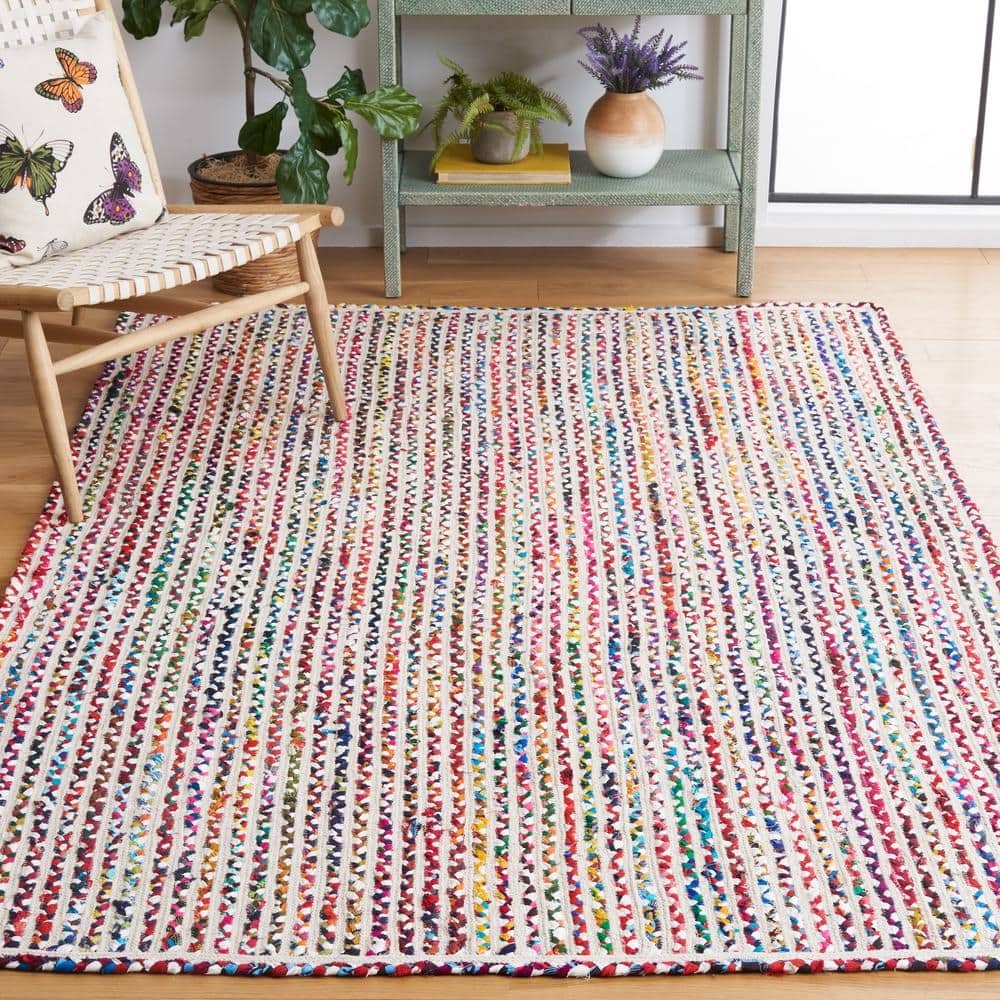 Ivory and Multicolor Braided Cotton Reversible Area Rug