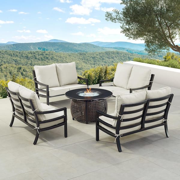 Oakland Living Black 7-Piece Aluminum Patio Fire Pit with 4-Deep Seating Loveseat Light Grey Cushions