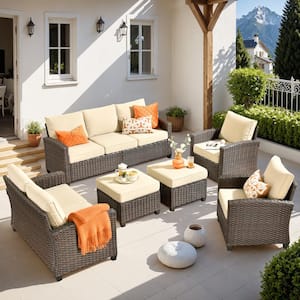 Solidago Brown 6-Piece Wicker Outdoor Patio Conversation Seating Set with Beige Cushions