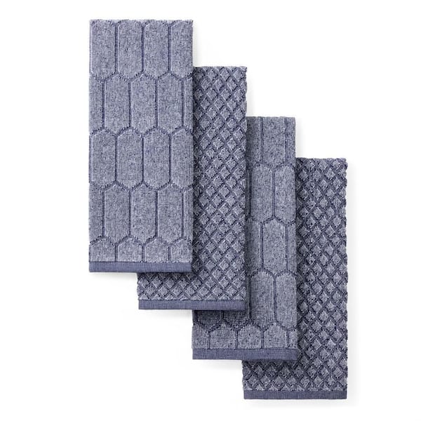 Honeycomb Chambray Solid Textured 16 in. x 28 in. Honeycomb Navy Blue Cotton Kitchen Towel Set (4-Piece)