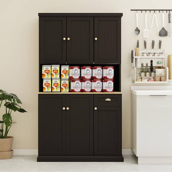 YOFE Black MDF Wood 39.76 in. Sideboard Buffet with Hutch, Kitchen Storage Cabinet with Wide Countertop, Adjustable Shelves