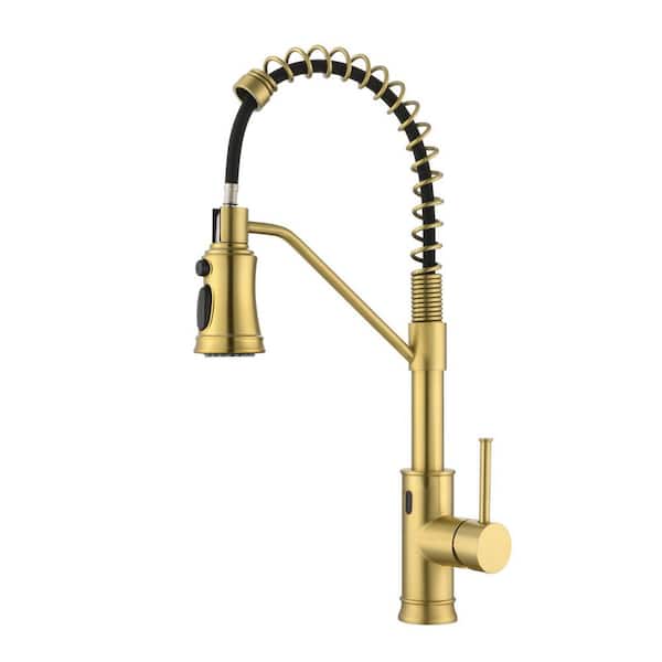 Flynama 19 in. High Arc Single Handle Pull Out Sprayer Kitchen Faucet Deckplate Included with 360° Spout Swivel in Brushed Gold