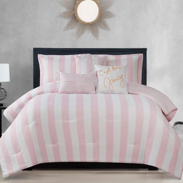 Cabana Stripe 6-Piece White/Dogwood Pink Striped Microfiber King Comforter Set