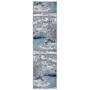 Distressed Modern Abstract Watercolor Blue 2 ft. x 7 ft. Runner Rug