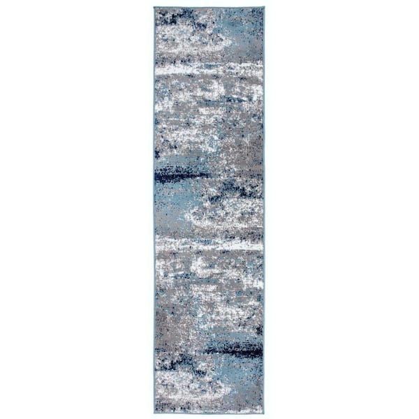World Rug Gallery Distressed Modern Abstract Watercolor Blue 2 ft. x 7 ft. Runner Rug
