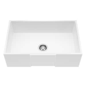 Matte Stone White Composite 30 in. Single Bowl Farmhouse Square Apron-Front Kitchen Sink with Strainer