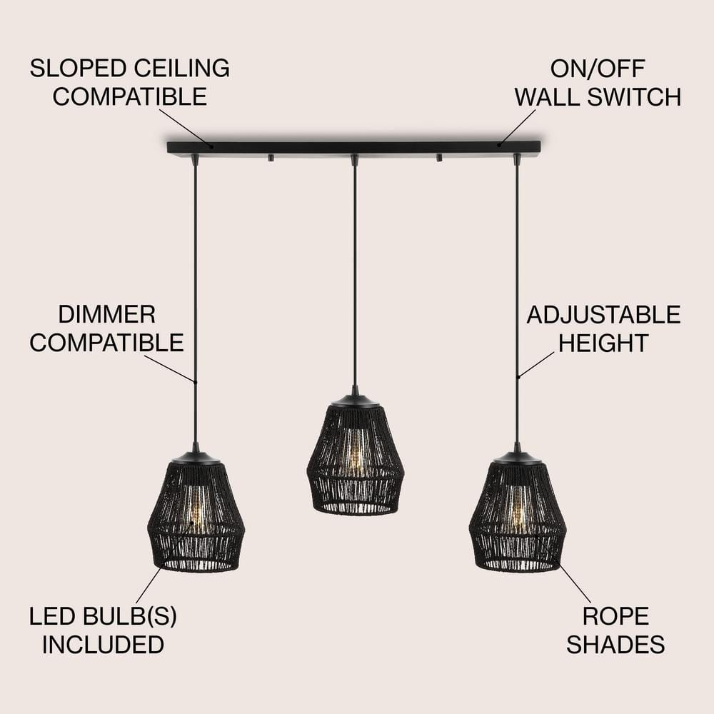 Ibiza Island Black Woven Rope and Metal 3-Light LED Pendant