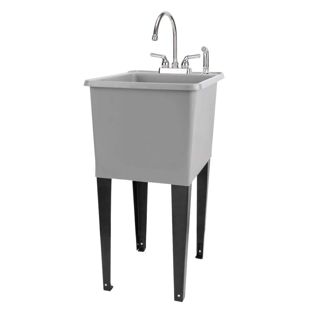 Gray Thermoplastic Freestanding Utility Sink with Chrome Faucet and Sprayer