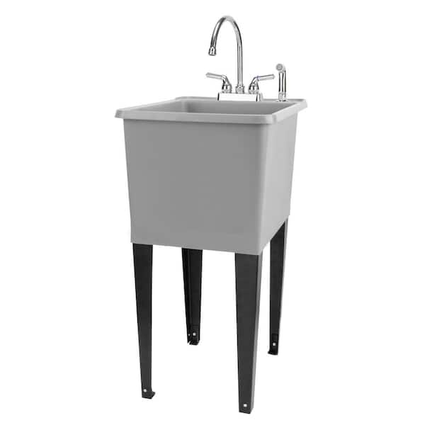 TEHILA 17.75 in. x 23.25 in. Thermoplastic Freestanding Space Saver Utility Sink in Grey - Chrome Faucet, Side Sprayer