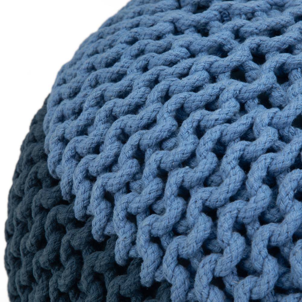 Hand-Knitted Blue Cotton Round Pouf with Polystyrene Filling