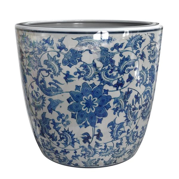 10 in. L x 10 in. W Blue and White Floral Indoor/Outdoor Ceramic Planter