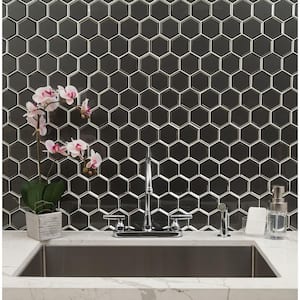 Metallic Gray Beveled 3 in. Hexagon 12 in. x 11 in. Glass Mesh-Mounted Mosaic Wall Tile (0.89 sq. ft./Each)