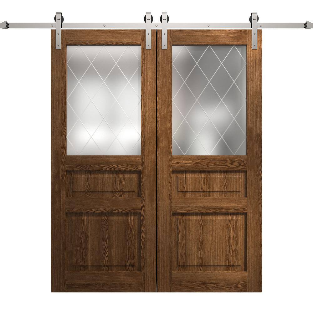 56 in. x 84 in. Frosted Glass Cognac Oak Solid Wood Double Barn Door Slab With Hardware price history on PriceWatchPro