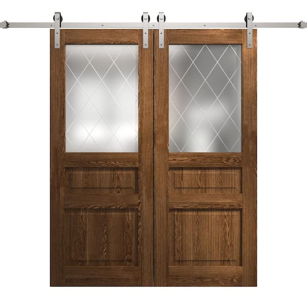 56 in. x 84 in. Frosted Glass Cognac Oak Solid Wood Double Barn Door Slab With Hardware
