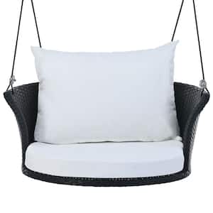 Black Single Person Hanging Seat, Wicker Porch Swing Chair With Ropes and White Cushion