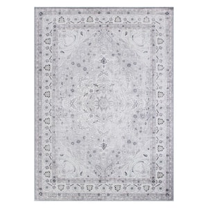 Gray 5 ft. x 7 ft. Transitional Medallion Machine Washable Area Rug