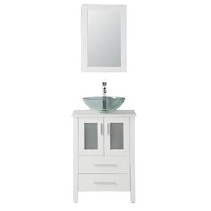 24" Bathroom Vanity Vessel Glass Sink Set W/Mirror Faucet Drain Cabinet White 