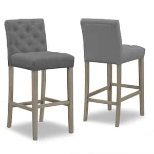 29 in. Alee Grey Fabric with Tufted Buttons and Wood Legs Bar Stool (Set of 2)