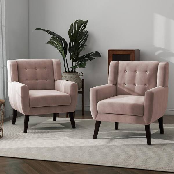 Mid-Century Modern Button Skin Pink Velvet Accent Armchair set of 2