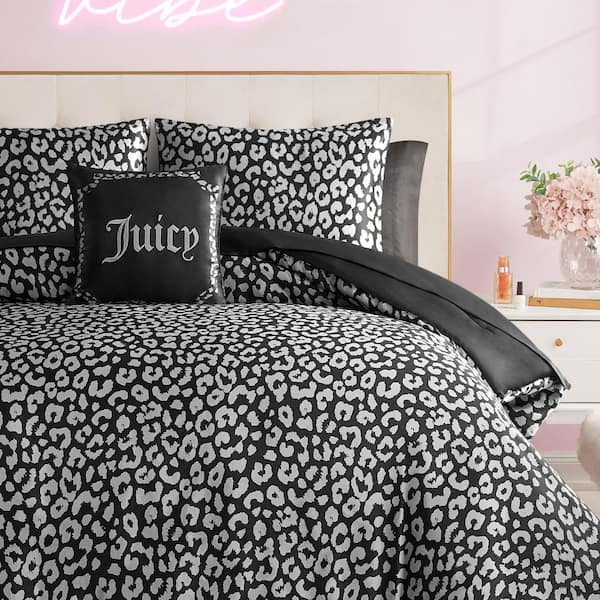 Modern Leopard Satin 8-Piece Black Animal Print Polyester Queen Bed in a Bag Comforter Set