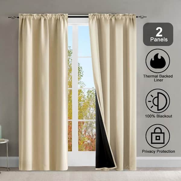 Beige Polyester Rod Pocket Thermal Insulated Coated Lining 52 in. W x 84 in. L Indoor Blackout Curtains (Set of 2)