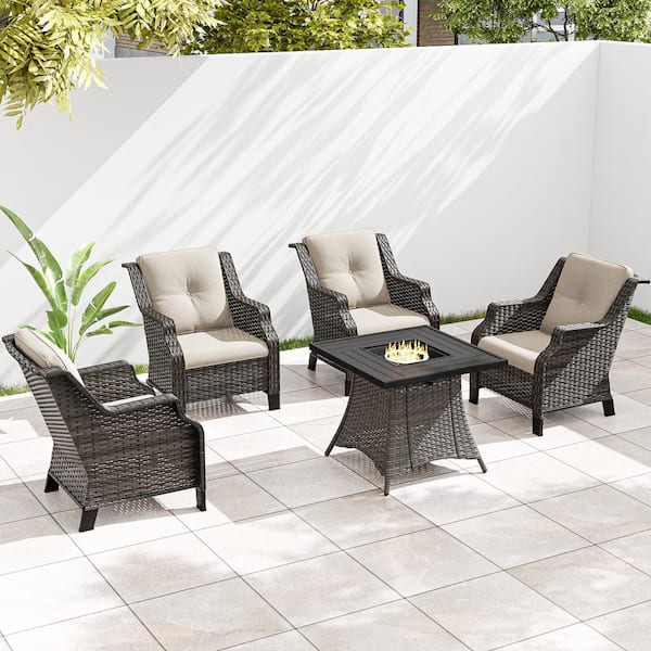 5-Piece Wicker Outdoor Fire Pit Patio Chair Set with Beige Cushions and Rectangular Fire Pit Table