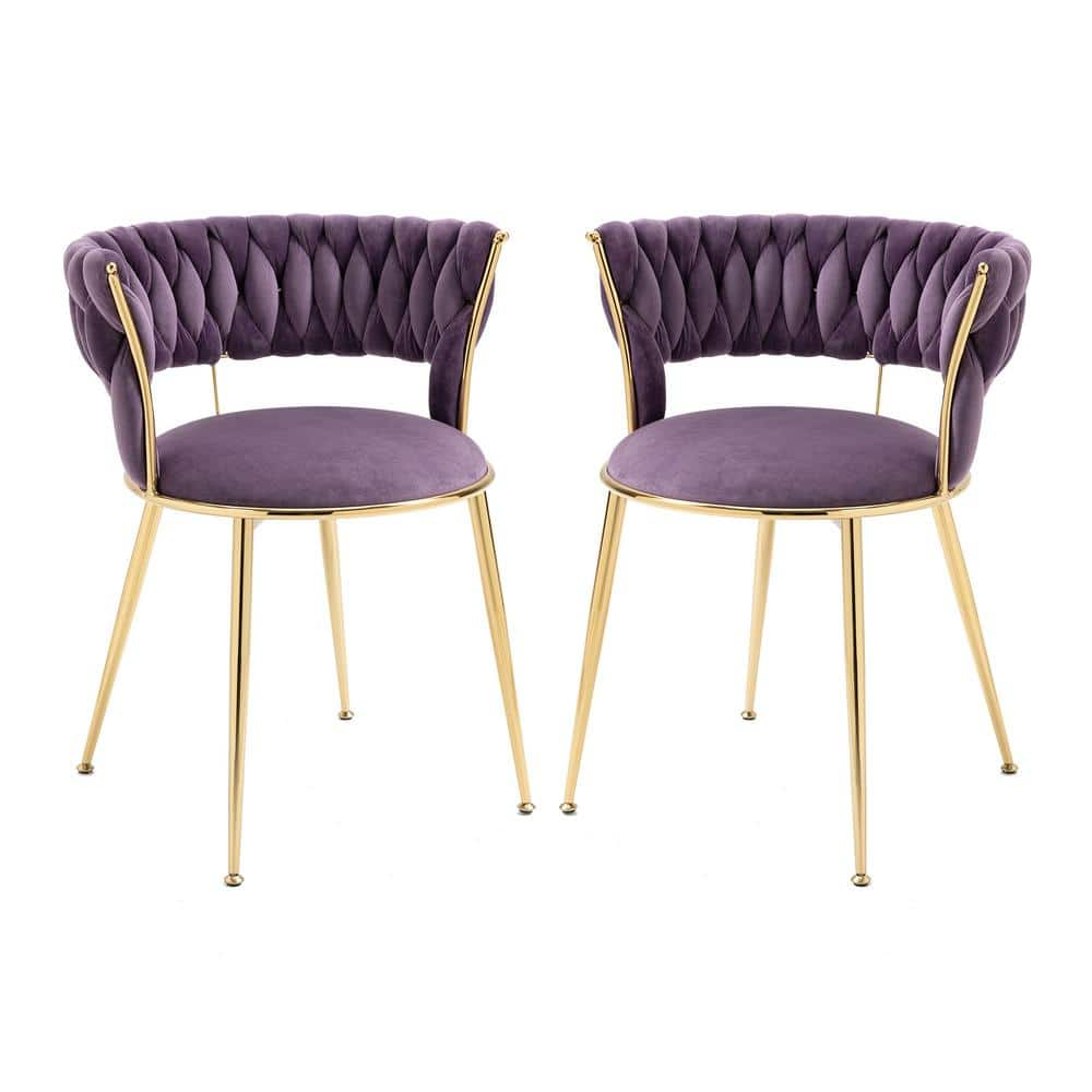 URTR Modern Purple Velvet Dining Chairs Weaved Backrest Leisure Chair