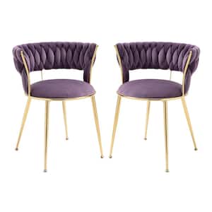 Modern Purple Velvet Dining Chairs Weaved Backrest Leisure Chair Golden Metal Legs for Kitchen Living Room (Set of 2)