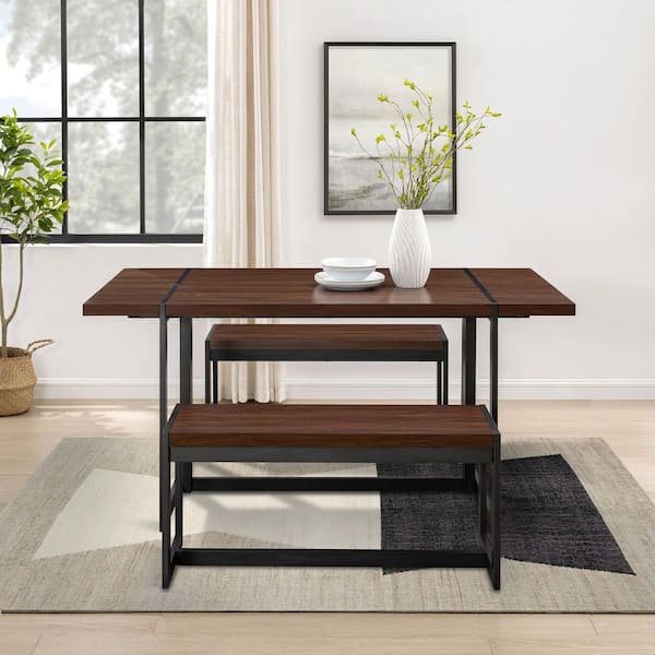 3-Piece Dark Walnut Wood and Metal Rustic Modern Box-Leg Dining Set