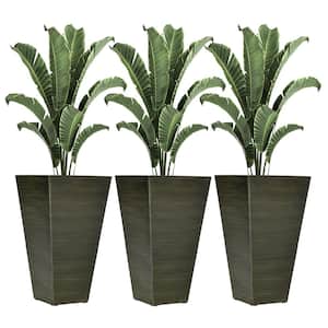 28 in. Tall Outdoor Planters, Set of 3 Large Taper Planters, Faux Wood Plastic Flower Pots, Dark Brown