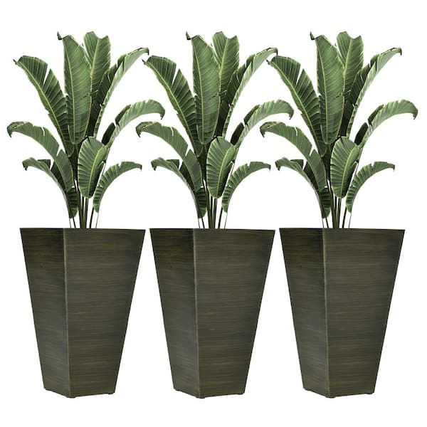 Out sunny 28 in. Tall Outdoor Planters, Set of 3 Large Taper Planters, Faux Wood Plastic Flower Pots, Dark Brown