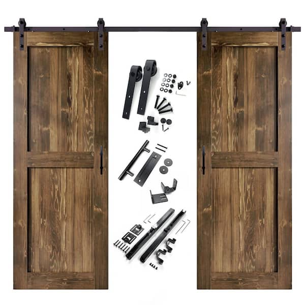HOMACER 48 in. x 96 in. H-Frame Walnut Double Pine Wood Interior Sliding Barn Door with Hardware Kit, Non-Bypass