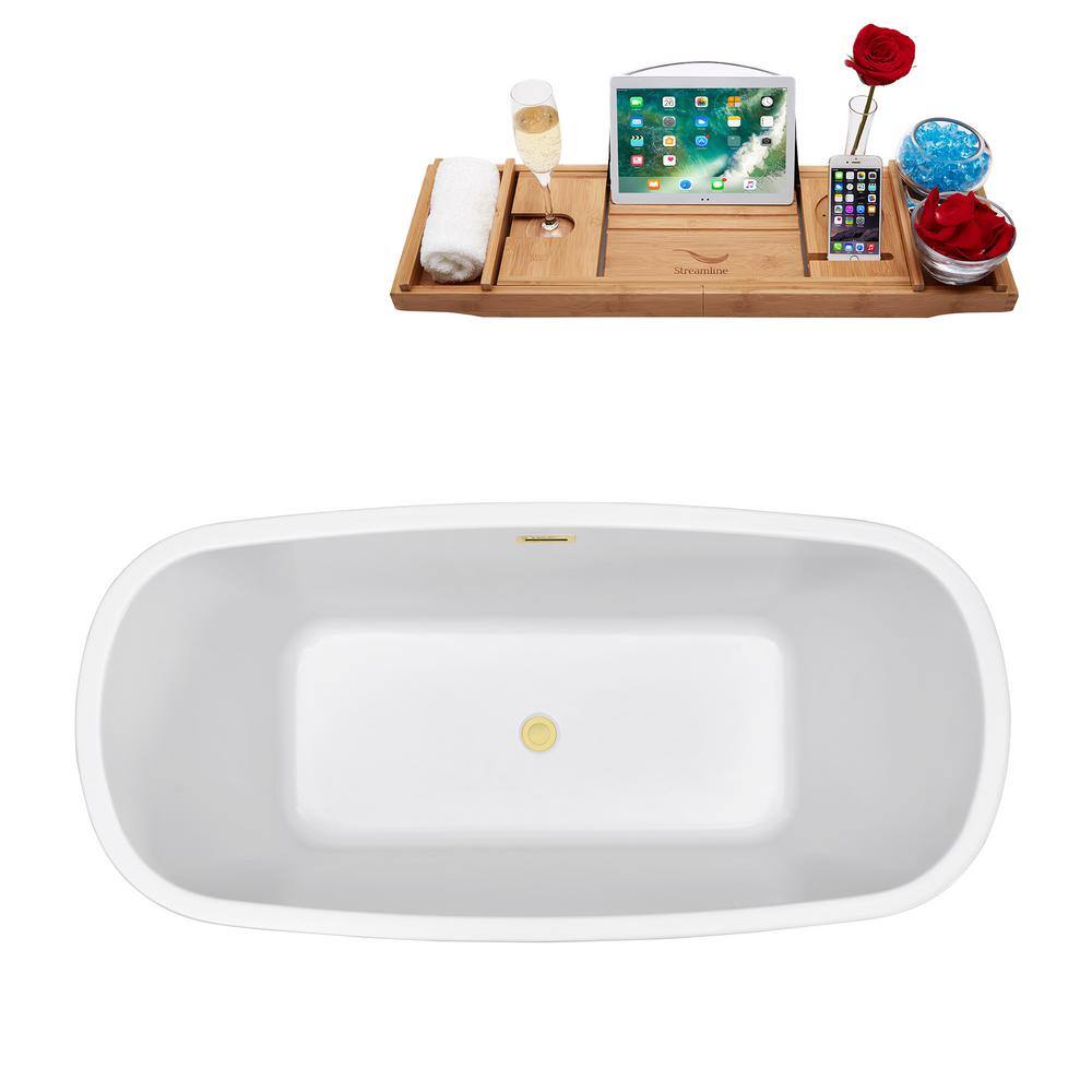 59" White Acrylic Freestanding Soaking Bathtub with Bamboo Tray